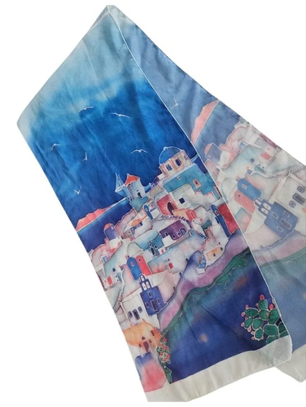 Ifasma Hand Made  Santorini Watercolor Mediterranean Village Scarf